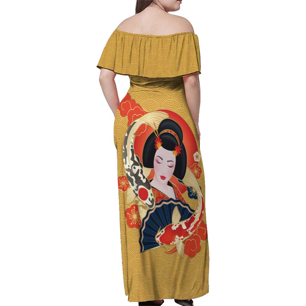 Japanese Geisha Koi Fish Family Matching Off Shoulder Maxi Dress and Hawaiian Shirt Cherry Blossoms Yellow Seigaiha Pattern LT14 - Polynesian Pride