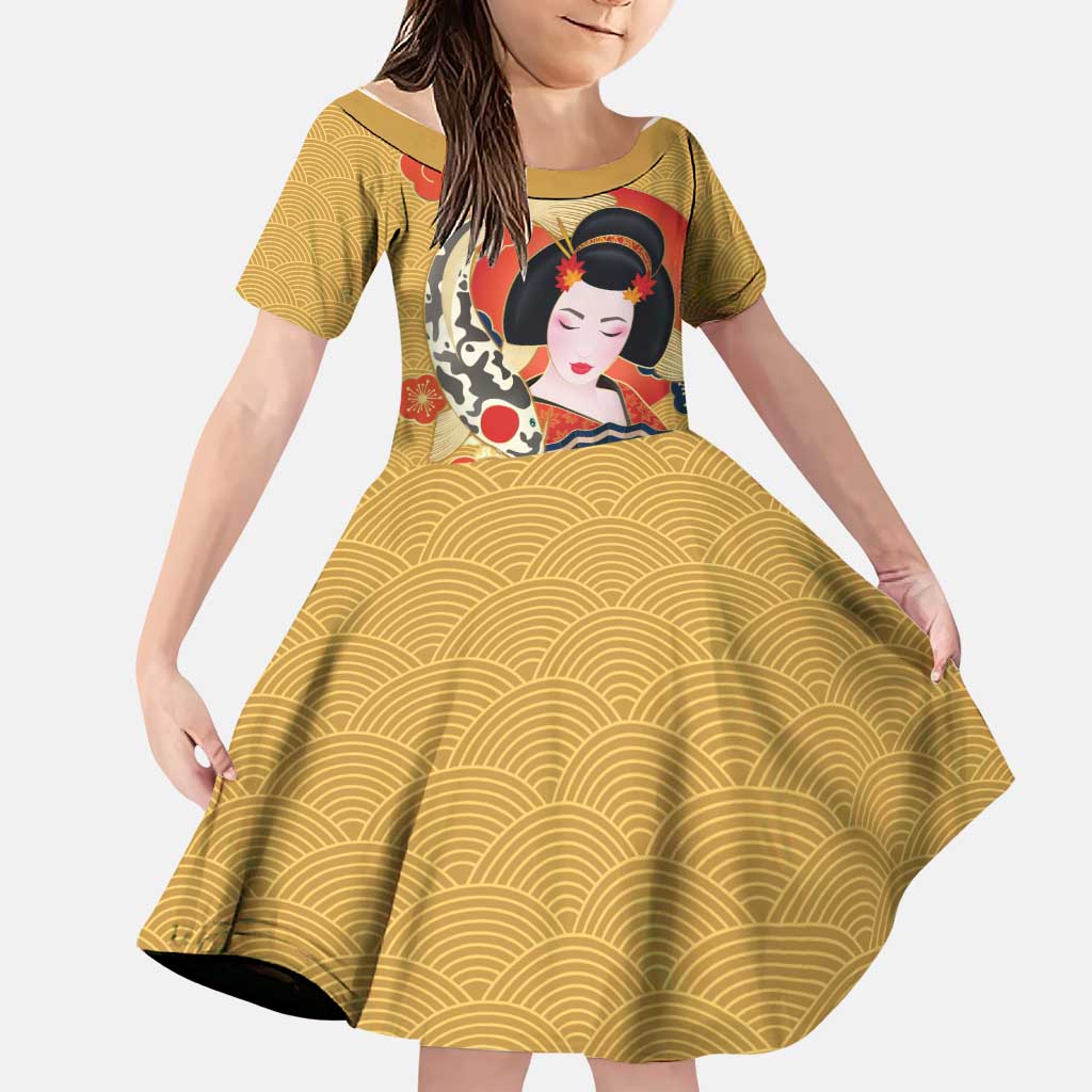 Japanese Geisha Koi Fish Family Matching Off Shoulder Short Dress and Hawaiian Shirt Cherry Blossoms Yellow Seigaiha Pattern LT14 Daughter's Dress Yellow - Polynesian Pride