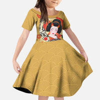 Japanese Geisha Koi Fish Family Matching Off Shoulder Short Dress and Hawaiian Shirt Cherry Blossoms Yellow Seigaiha Pattern LT14 Daughter's Dress Yellow - Polynesian Pride