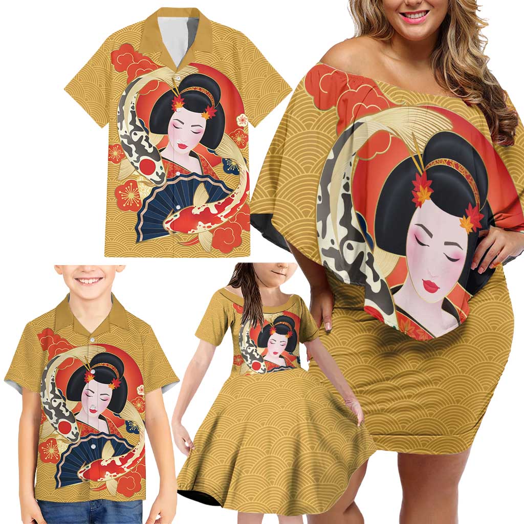 Japanese Geisha Koi Fish Family Matching Off Shoulder Short Dress and Hawaiian Shirt Cherry Blossoms Yellow Seigaiha Pattern LT14 - Polynesian Pride