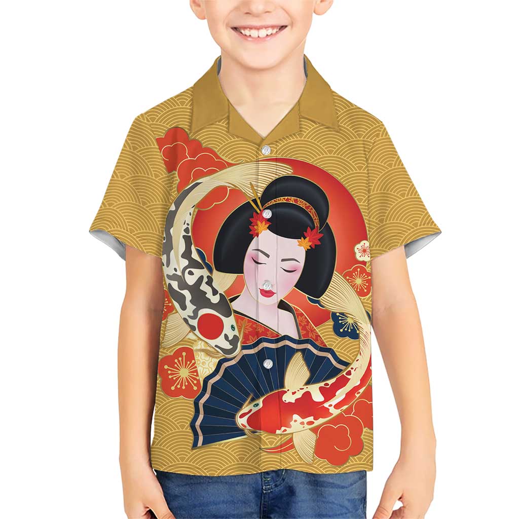 Japanese Geisha Koi Fish Family Matching Off Shoulder Short Dress and Hawaiian Shirt Cherry Blossoms Yellow Seigaiha Pattern LT14 Son's Shirt Yellow - Polynesian Pride