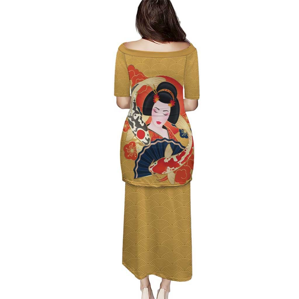 Japanese Geisha Koi Fish Family Matching Puletasi and Hawaiian Shirt Cherry Blossoms Yellow Seigaiha Pattern LT14 - Polynesian Pride