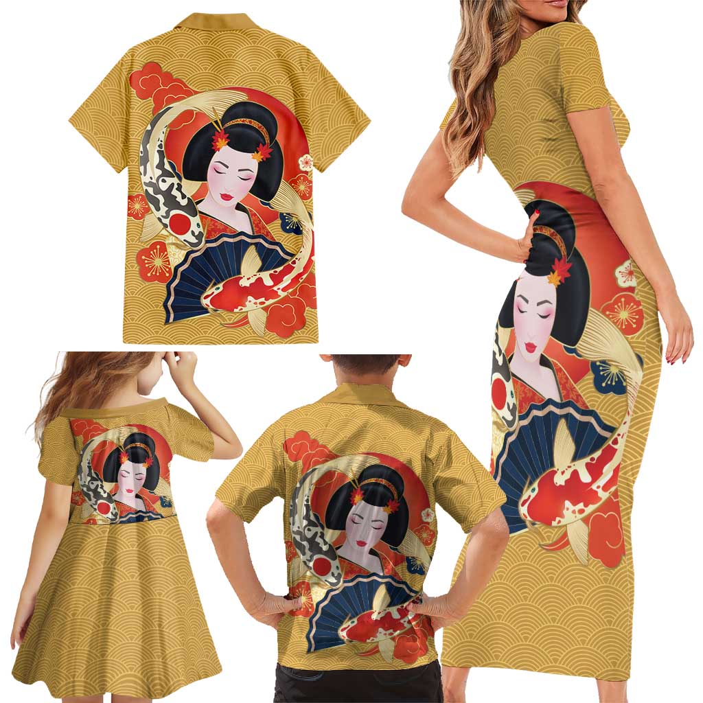 Japanese Geisha Koi Fish Family Matching Short Sleeve Bodycon Dress and Hawaiian Shirt Cherry Blossoms Yellow Seigaiha Pattern LT14 - Polynesian Pride