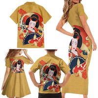 Japanese Geisha Koi Fish Family Matching Short Sleeve Bodycon Dress and Hawaiian Shirt Cherry Blossoms Yellow Seigaiha Pattern LT14 - Polynesian Pride