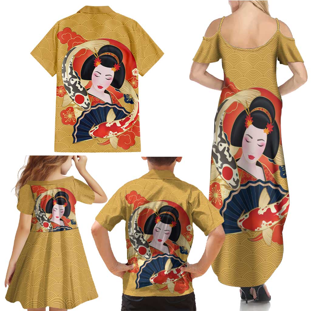 Japanese Geisha Koi Fish Family Matching Summer Maxi Dress and Hawaiian Shirt Cherry Blossoms Yellow Seigaiha Pattern LT14 - Polynesian Pride