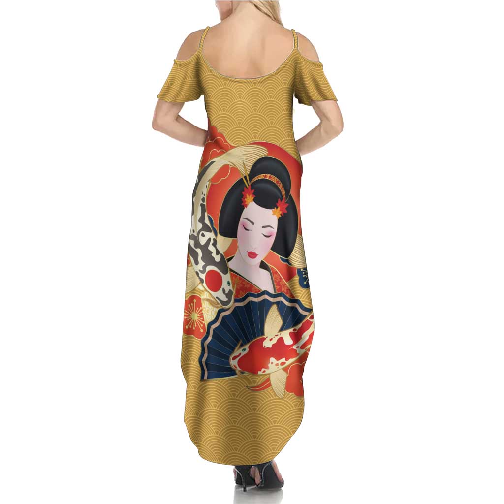 Japanese Geisha Koi Fish Family Matching Summer Maxi Dress and Hawaiian Shirt Cherry Blossoms Yellow Seigaiha Pattern LT14 - Polynesian Pride