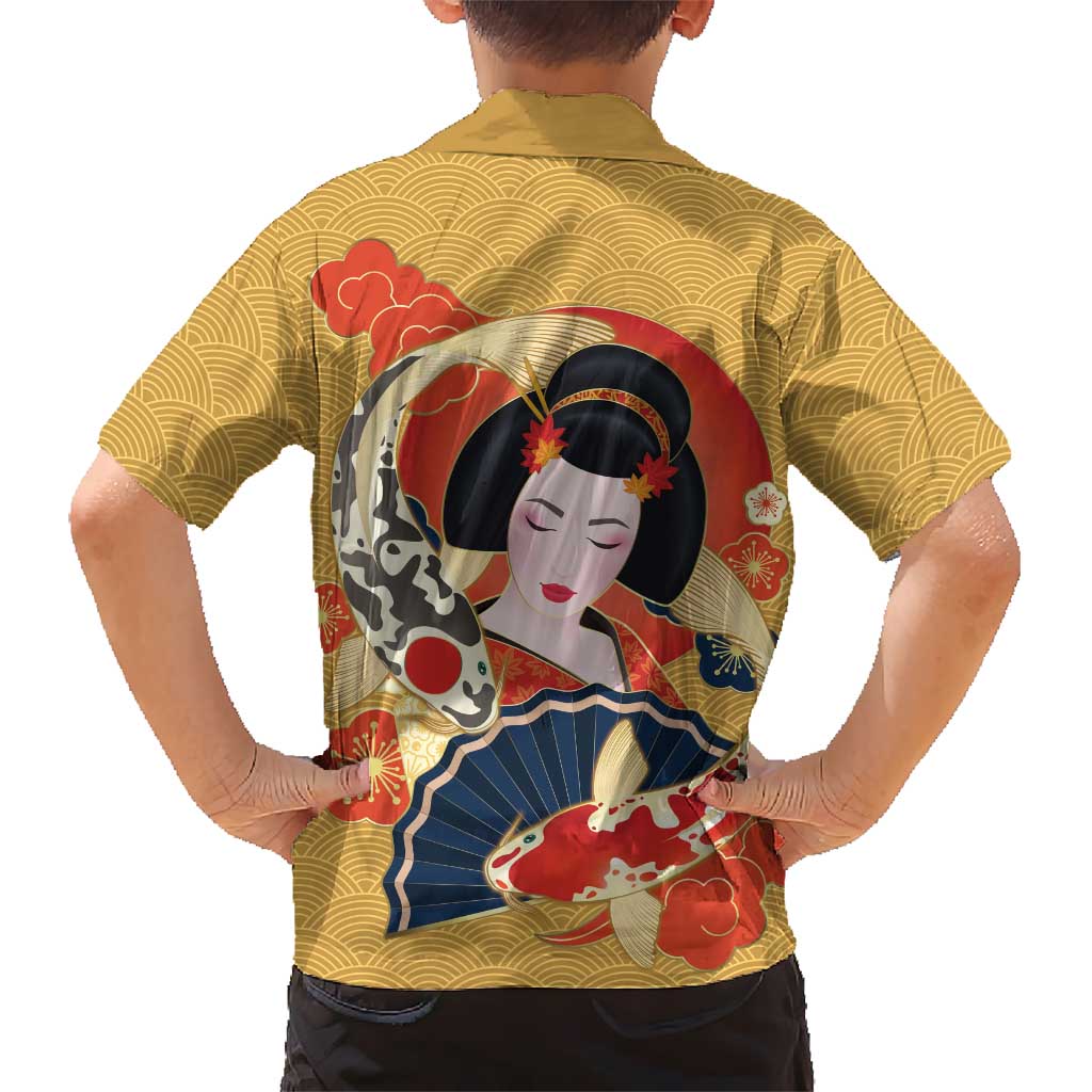 Japanese Geisha Koi Fish Family Matching Tank Maxi Dress and Hawaiian Shirt Cherry Blossoms Yellow Seigaiha Pattern LT14 - Polynesian Pride