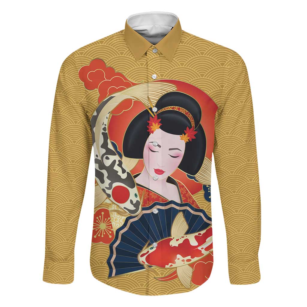 Japanese Geisha Koi Fish Family Matching Tank Maxi Dress and Hawaiian Shirt Cherry Blossoms Yellow Seigaiha Pattern LT14 Dad's Shirt - Long Sleeve Yellow - Polynesian Pride