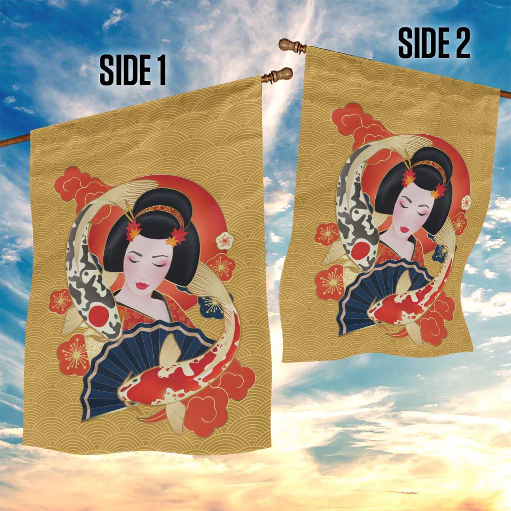 Japanese Geisha Koi Fish Garden Flag Cherry Blossoms Yellow Seigaiha Pattern - Polynesian Pride