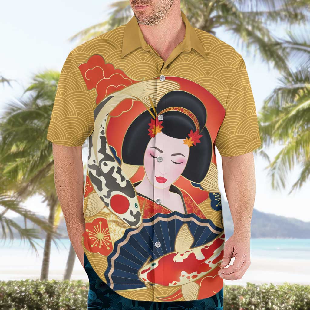 Japanese Geisha Koi Fish Hawaiian Shirt Cherry Blossoms Yellow Seigaiha Pattern - Polynesian Pride