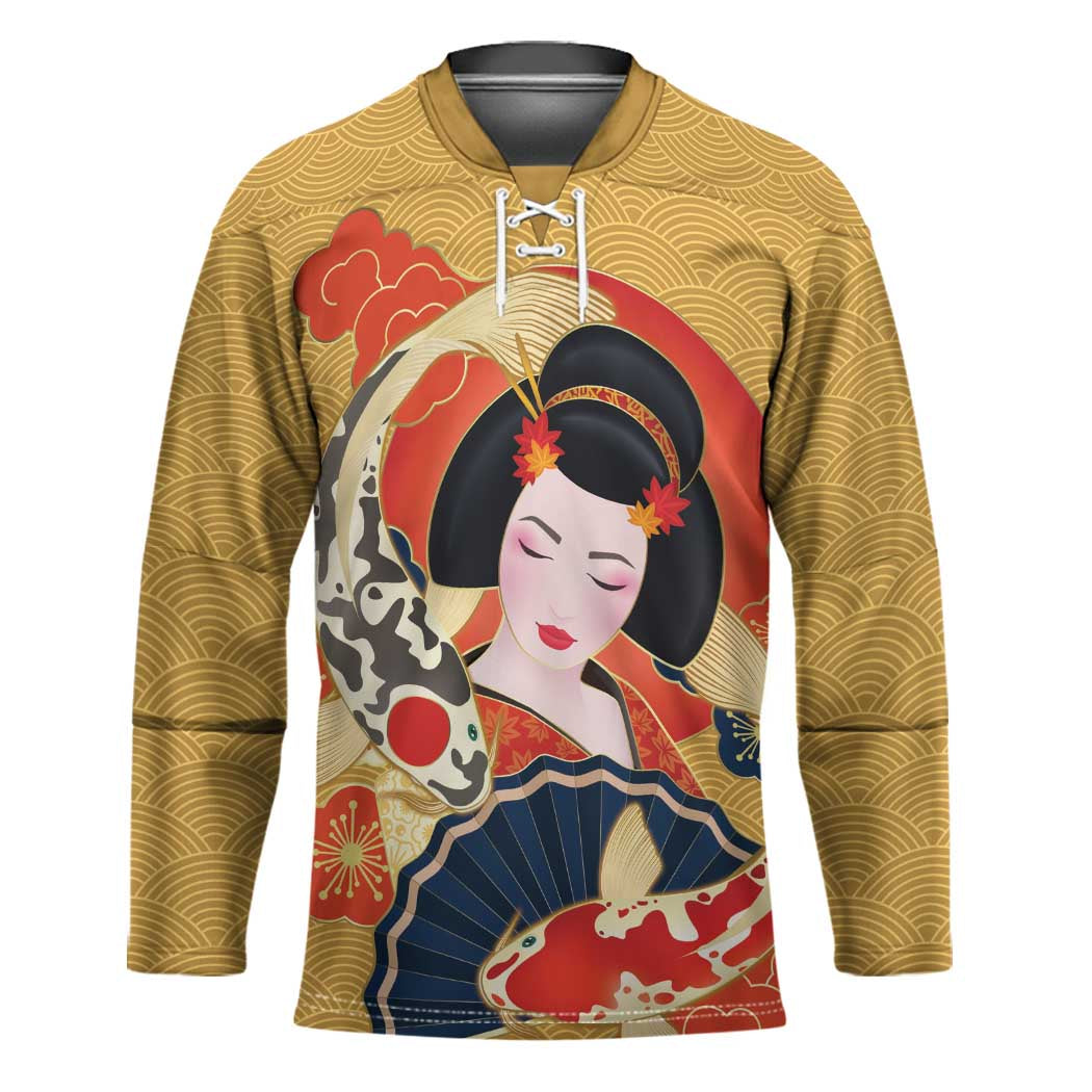 Japanese Geisha Koi Fish Hockey Jersey Cherry Blossoms Yellow Seigaiha Pattern - Polynesian Pride