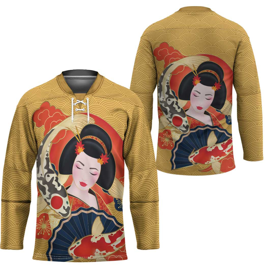 Japanese Geisha Koi Fish Hockey Jersey Cherry Blossoms Yellow Seigaiha Pattern - Polynesian Pride