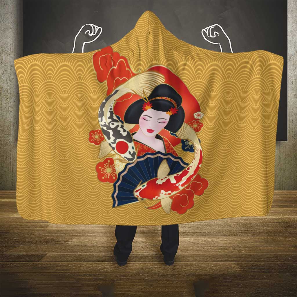 Japanese Geisha Koi Fish Hooded Blanket Cherry Blossoms Yellow Seigaiha Pattern - Polynesian Pride