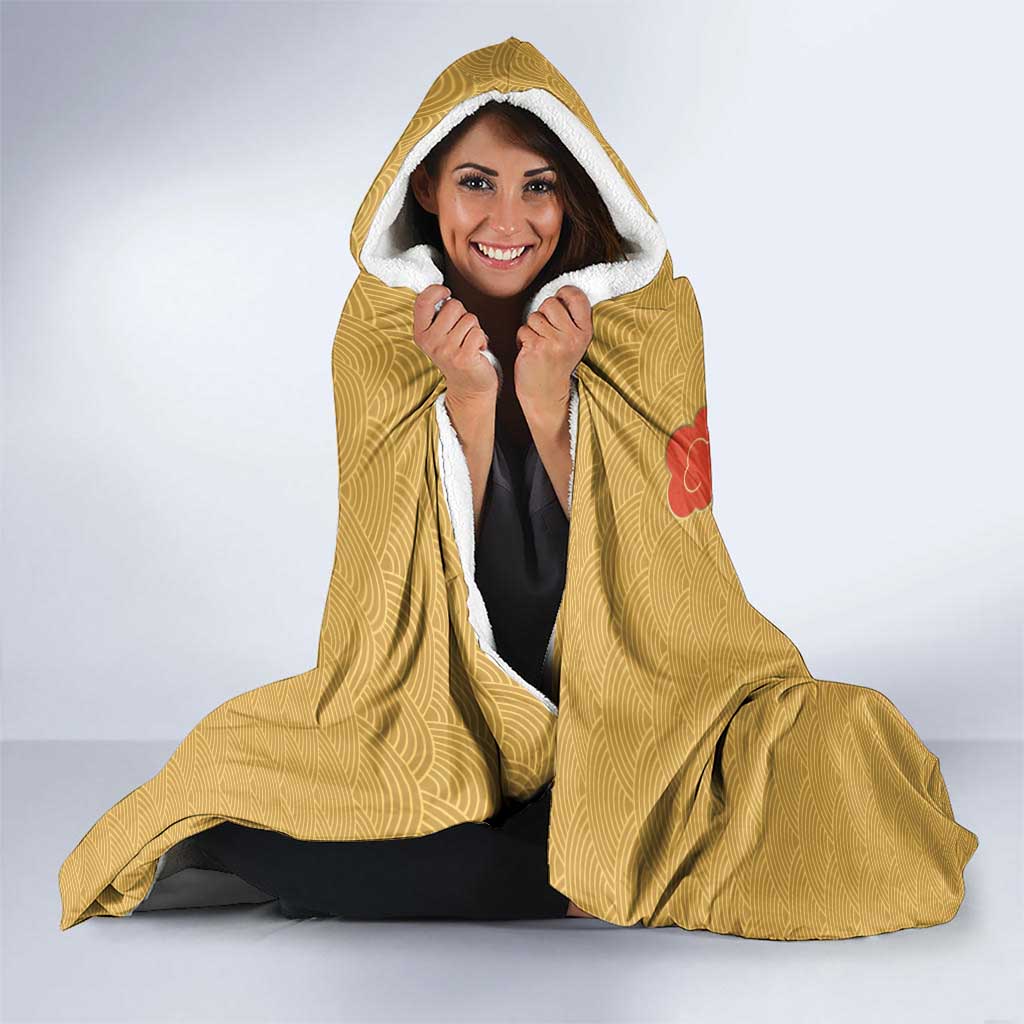 Japanese Geisha Koi Fish Hooded Blanket Cherry Blossoms Yellow Seigaiha Pattern - Polynesian Pride