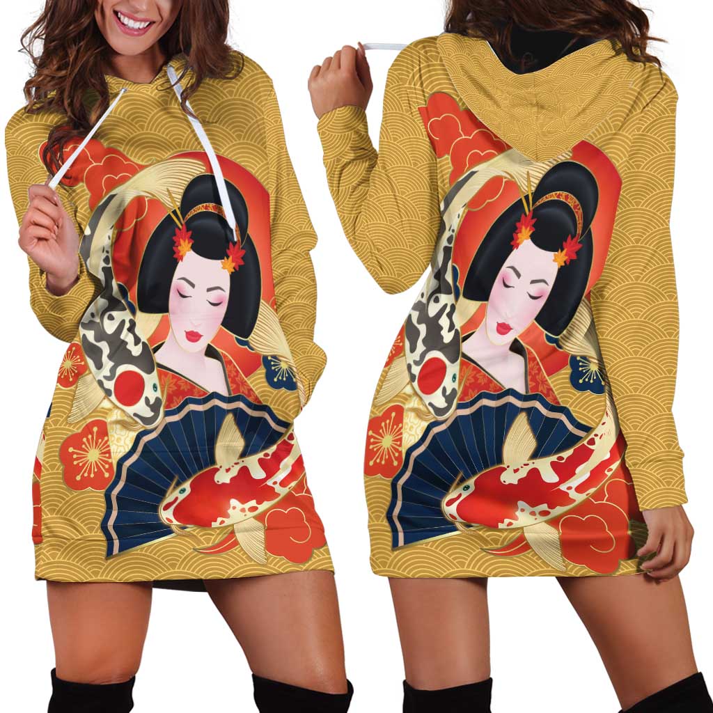 Japanese Geisha Koi Fish Hoodie Dress Cherry Blossoms Yellow Seigaiha Pattern - Polynesian Pride