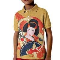 Japanese Geisha Koi Fish Kid Polo Shirt Cherry Blossoms Yellow Seigaiha Pattern - Polynesian Pride