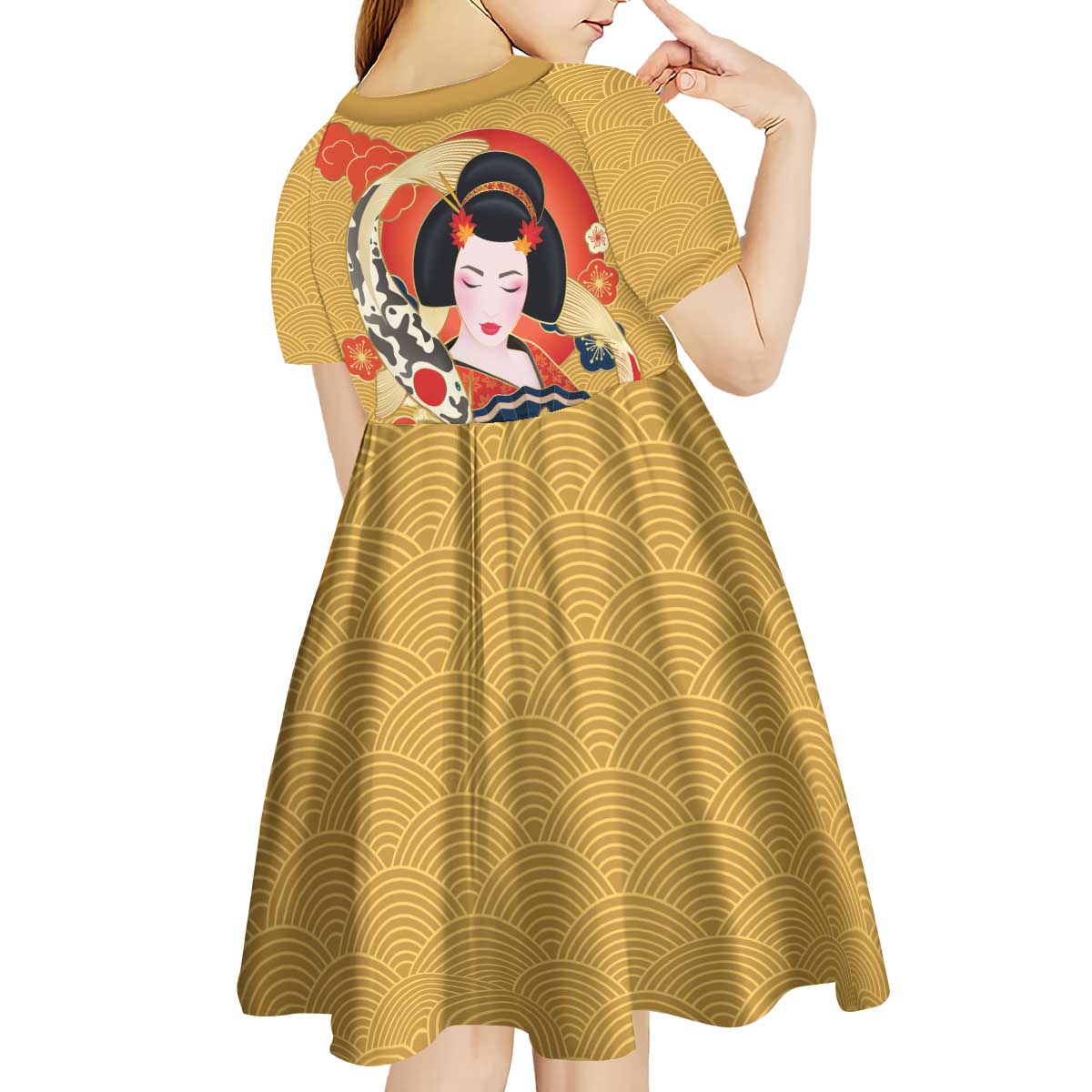 Japanese Geisha Koi Fish Kid Short Sleeve Dress Cherry Blossoms Yellow Seigaiha Pattern - Polynesian Pride