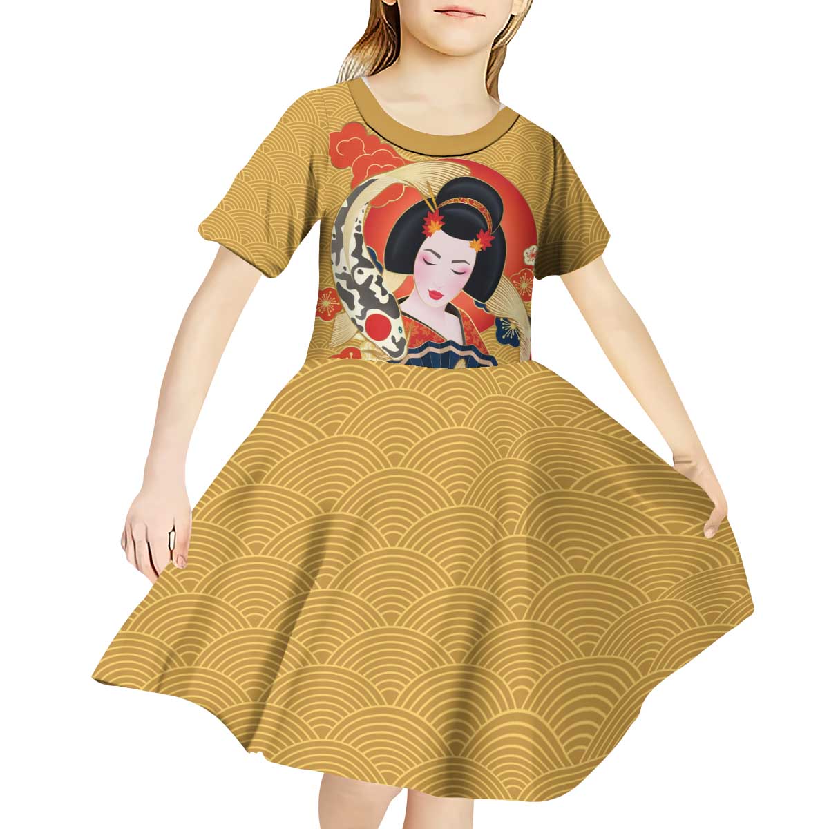 Japanese Geisha Koi Fish Kid Short Sleeve Dress Cherry Blossoms Yellow Seigaiha Pattern - Polynesian Pride