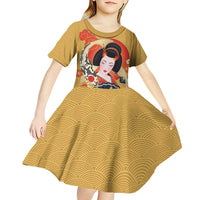 Japanese Geisha Koi Fish Kid Short Sleeve Dress Cherry Blossoms Yellow Seigaiha Pattern - Polynesian Pride