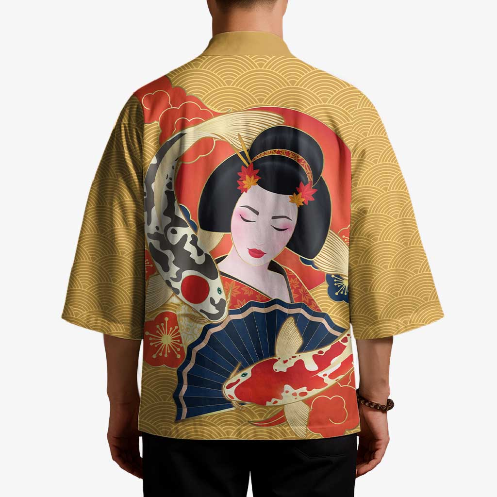 Japanese Geisha Koi Fish Kimono Cherry Blossoms Yellow Seigaiha Pattern - Polynesian Pride