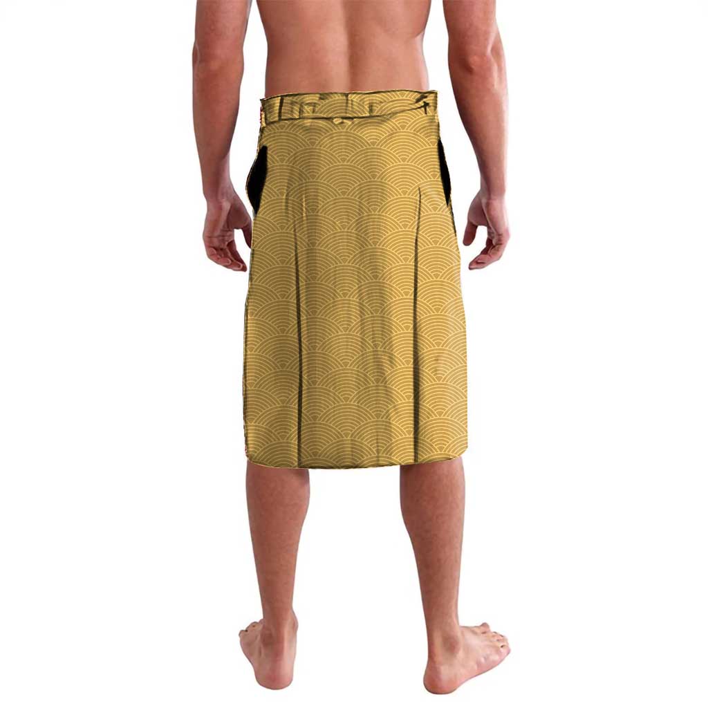 Japanese Geisha Koi Fish Lavalava Cherry Blossoms Yellow Seigaiha Pattern - Polynesian Pride