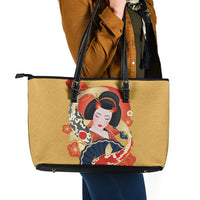 Japanese Geisha Koi Fish Leather Tote Bag Cherry Blossoms Yellow Seigaiha Pattern - Polynesian Pride