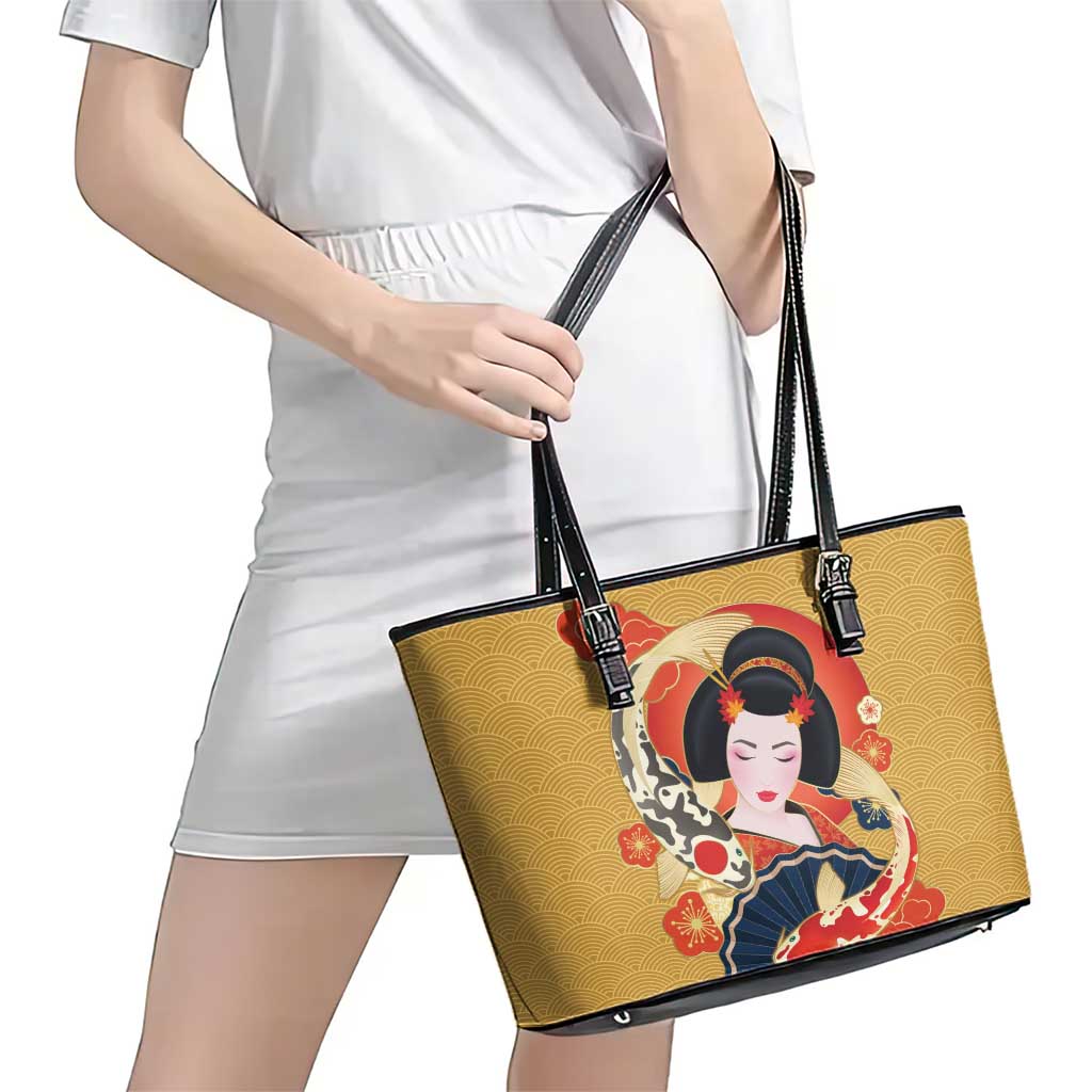 Japanese Geisha Koi Fish Leather Tote Bag Cherry Blossoms Yellow Seigaiha Pattern - Polynesian Pride