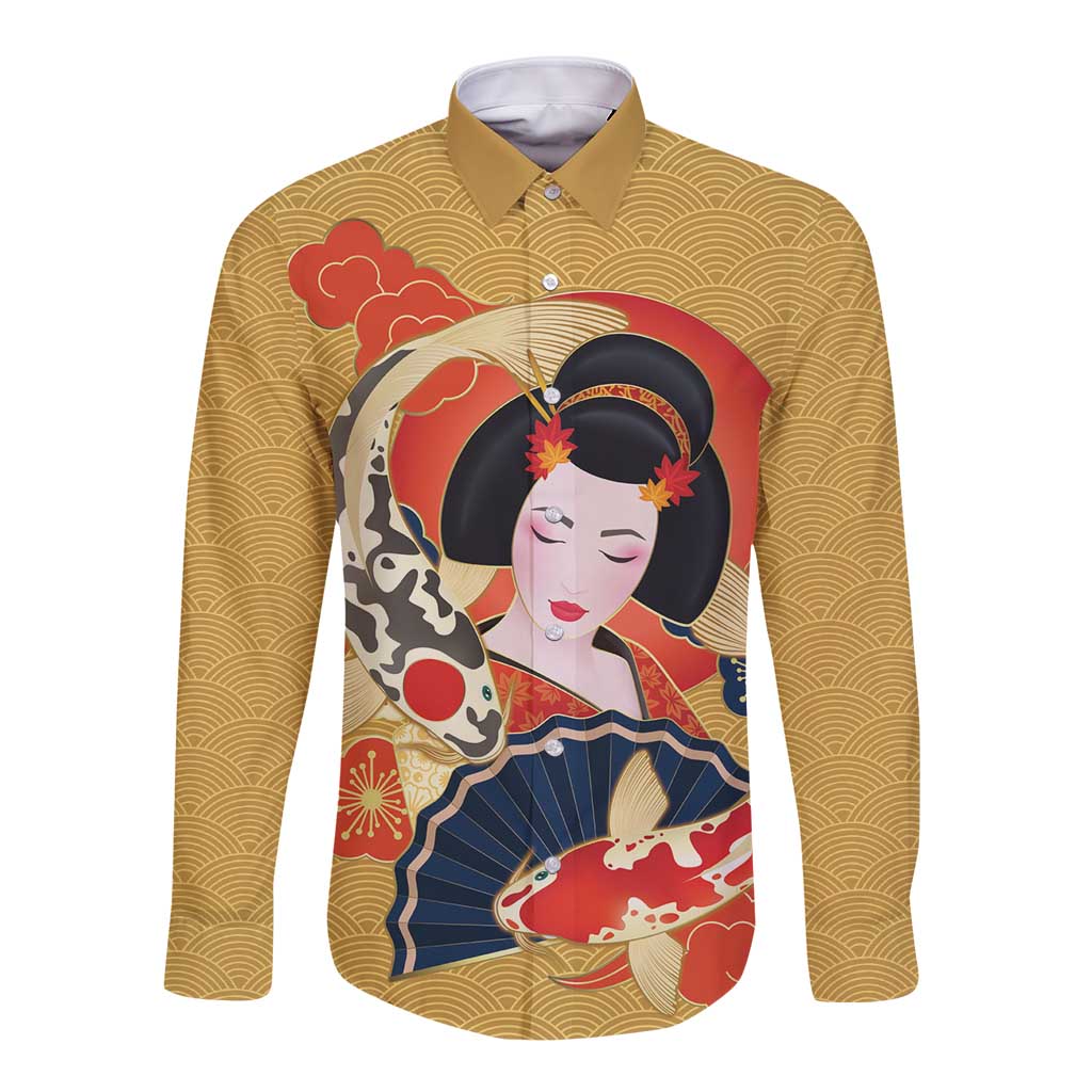 Japanese Geisha Koi Fish Long Sleeve Button Shirt Cherry Blossoms Yellow Seigaiha Pattern - Polynesian Pride