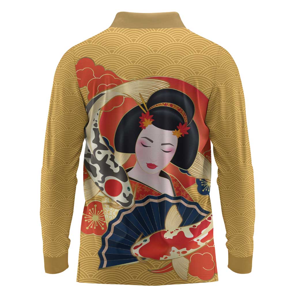 Japanese Geisha Koi Fish Long Sleeve Polo Shirt Cherry Blossoms Yellow Seigaiha Pattern - Polynesian Pride