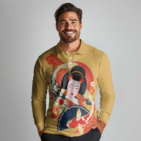 Japanese Geisha Koi Fish Long Sleeve Polo Shirt Cherry Blossoms Yellow Seigaiha Pattern - Polynesian Pride