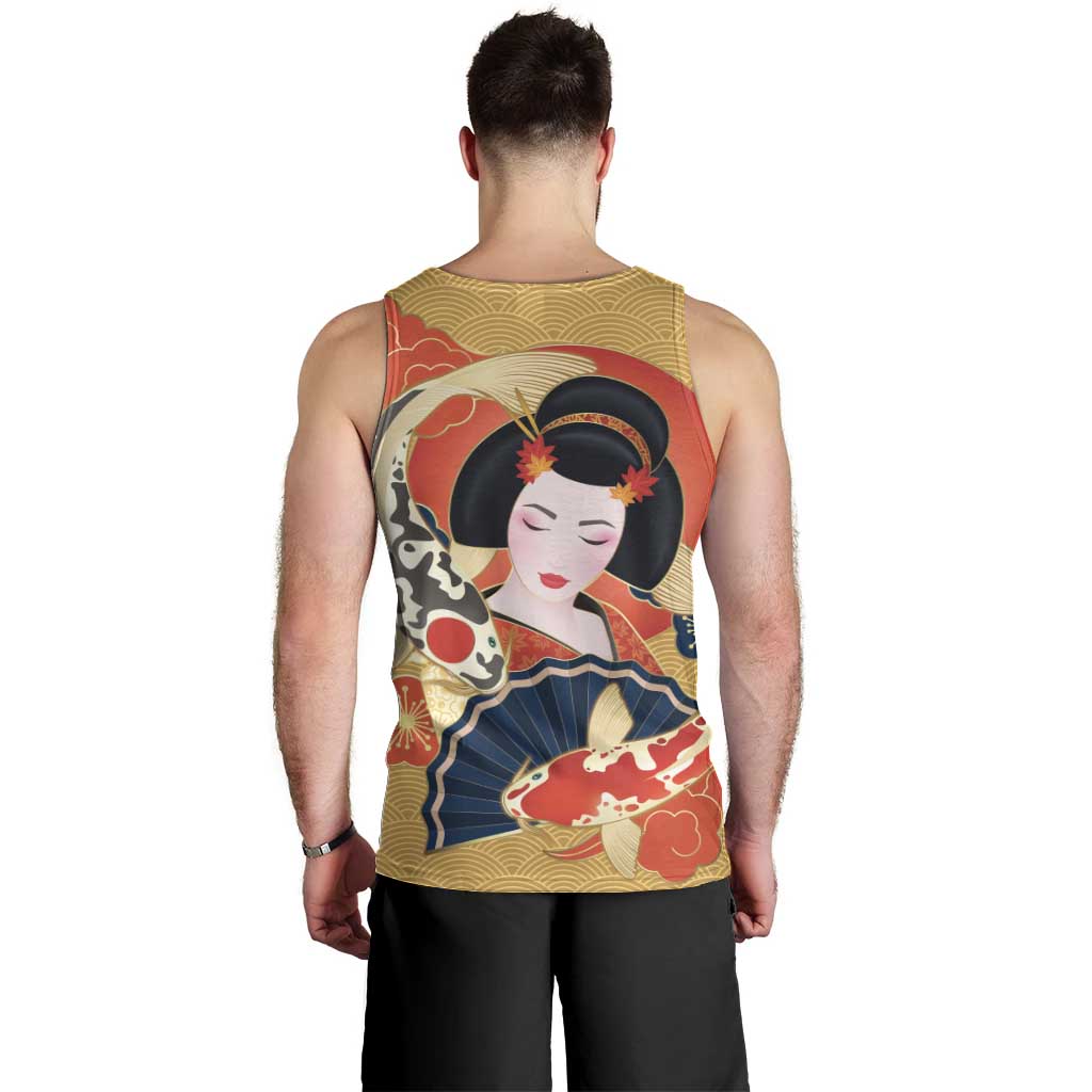 Japanese Geisha Koi Fish Men Tank Top Cherry Blossoms Yellow Seigaiha Pattern - Polynesian Pride
