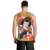Japanese Geisha Koi Fish Men Tank Top Cherry Blossoms Yellow Seigaiha Pattern - Polynesian Pride