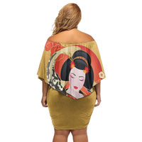 Japanese Geisha Koi Fish Off Shoulder Short Dress Cherry Blossoms Yellow Seigaiha Pattern LT14 - Polynesian Pride