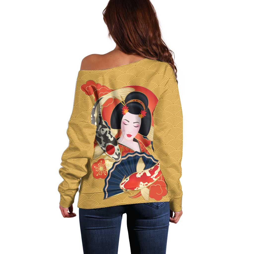 Japanese Geisha Koi Fish Off Shoulder Sweater Cherry Blossoms Yellow Seigaiha Pattern - Polynesian Pride