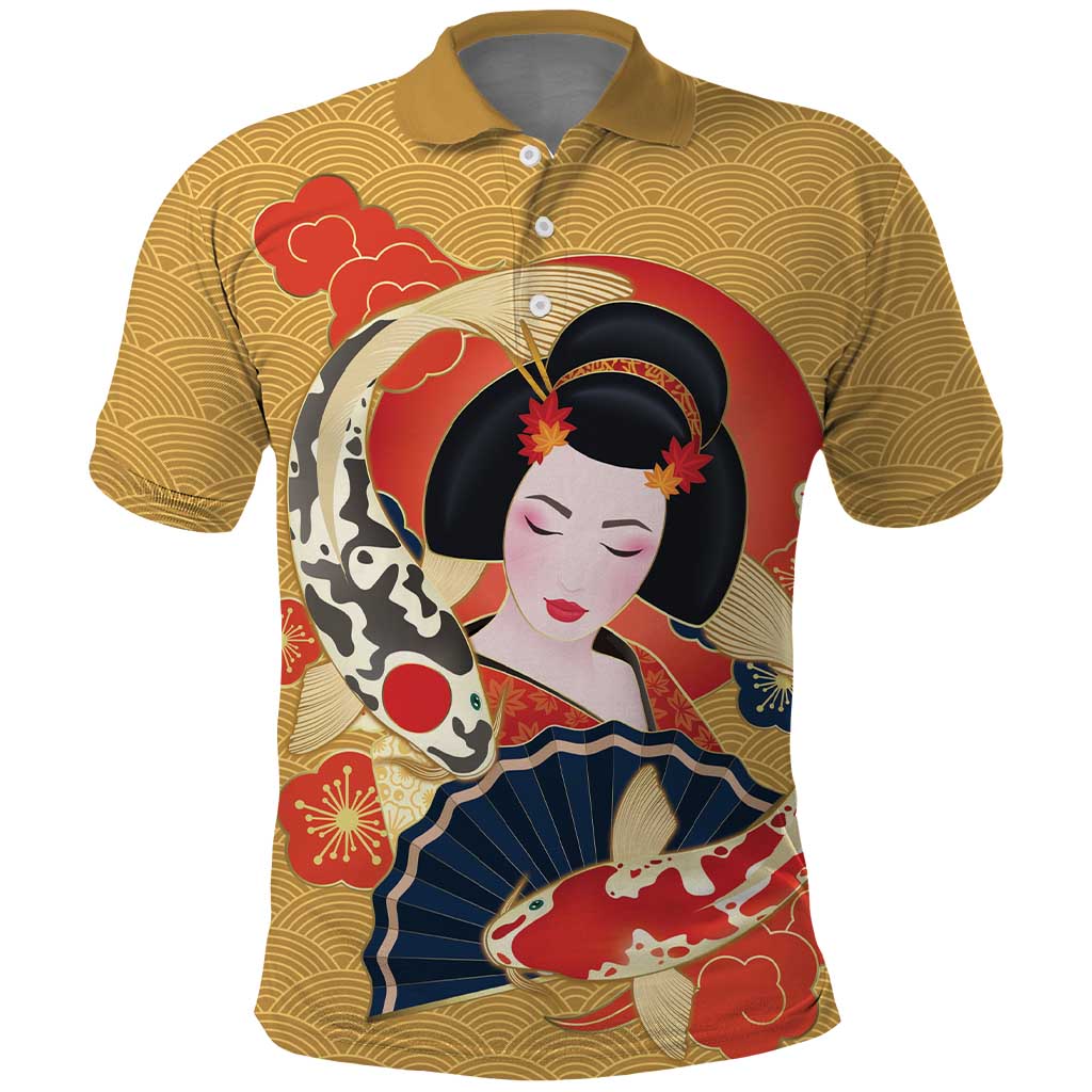 Japanese Geisha Koi Fish Polo Shirt Cherry Blossoms Yellow Seigaiha Pattern - Polynesian Pride
