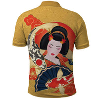 Japanese Geisha Koi Fish Polo Shirt Cherry Blossoms Yellow Seigaiha Pattern - Polynesian Pride
