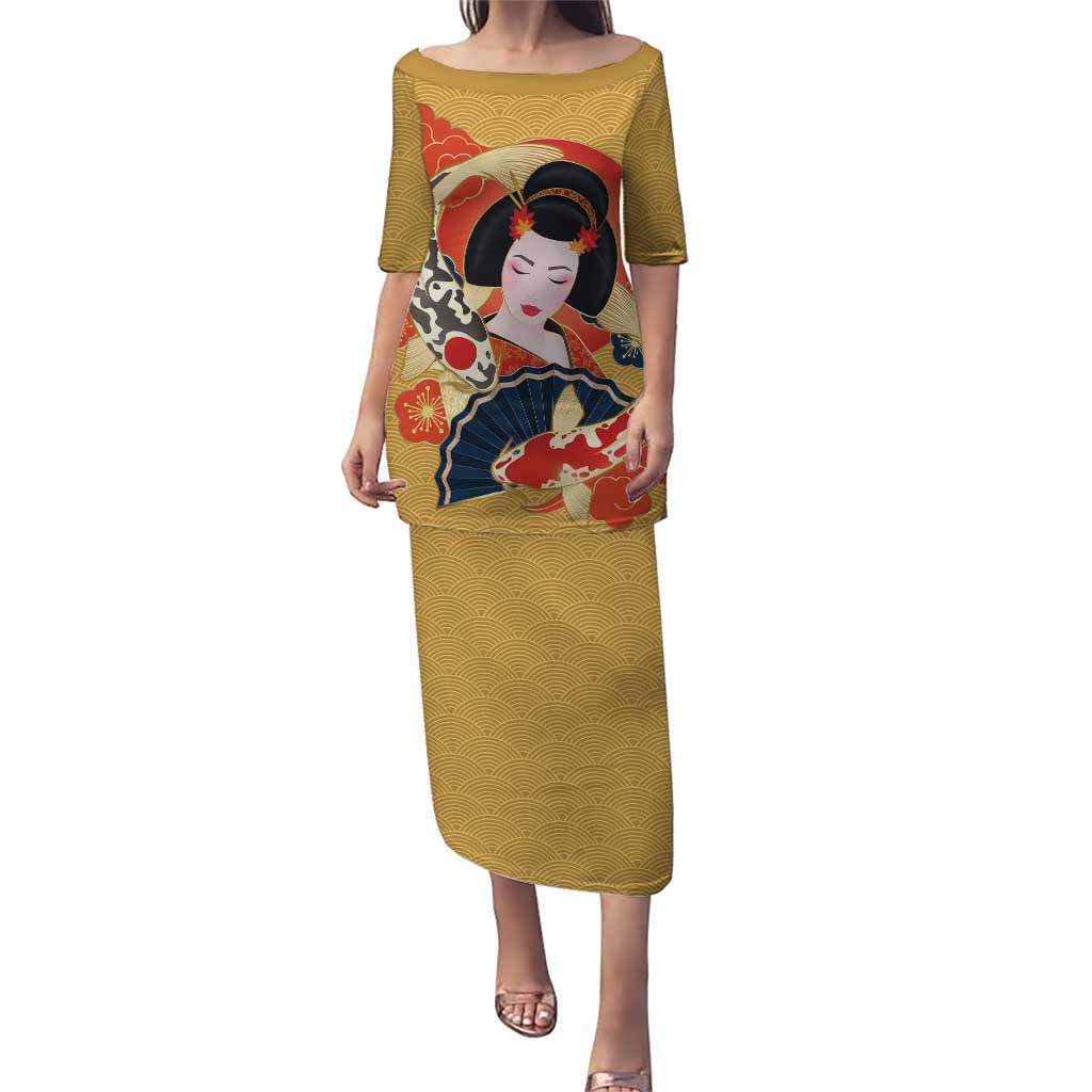 Japanese Geisha Koi Fish Puletasi Cherry Blossoms Yellow Seigaiha Pattern - Polynesian Pride