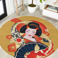 Japanese Geisha Koi Fish Round Carpet Cherry Blossoms Yellow Seigaiha Pattern - Polynesian Pride