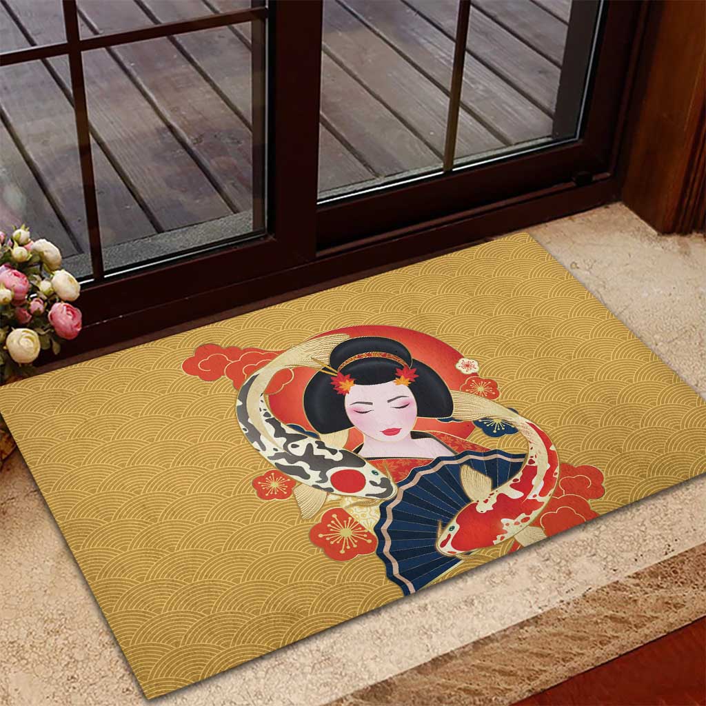 Japanese Geisha Koi Fish Rubber Doormat Cherry Blossoms Yellow Seigaiha Pattern - Polynesian Pride