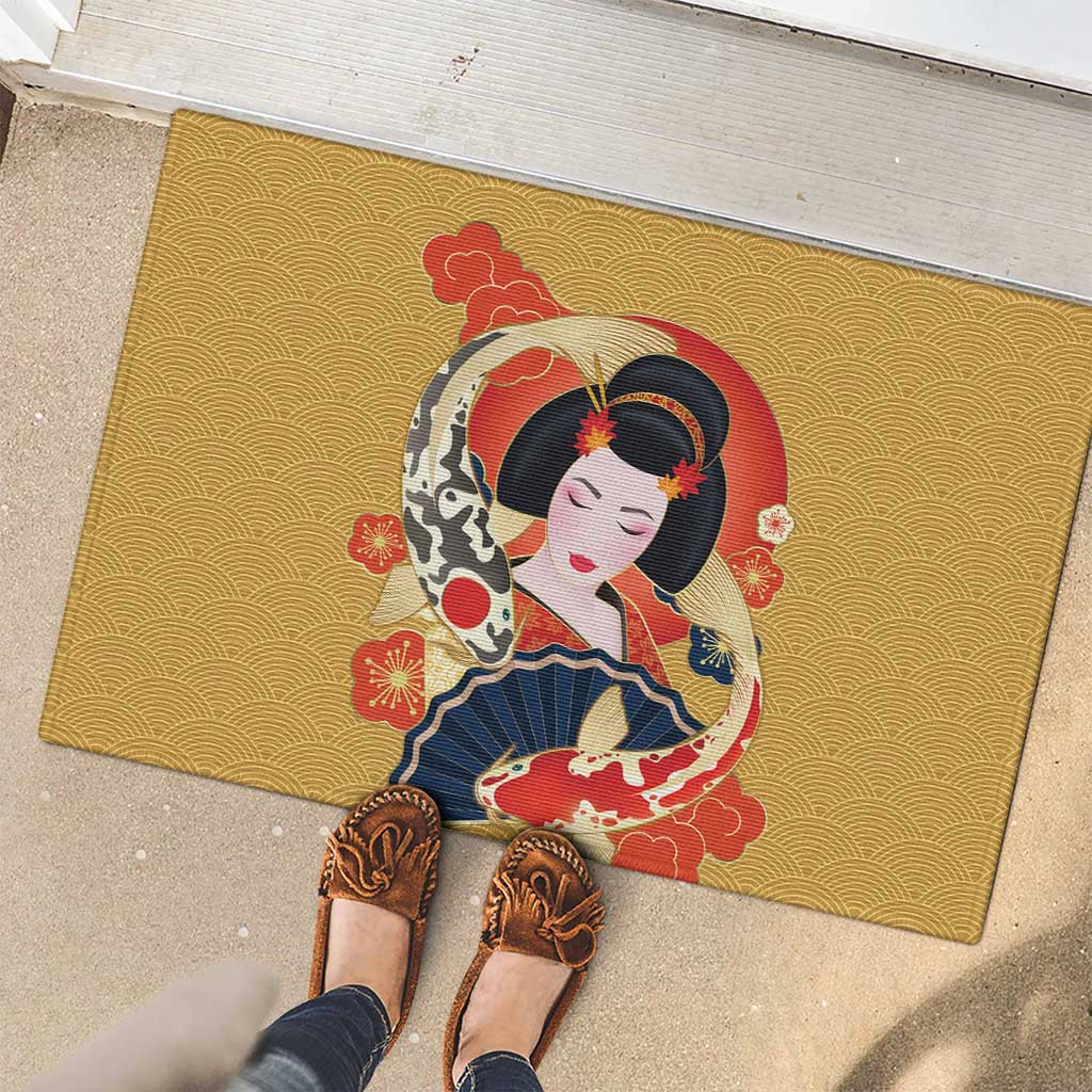 Japanese Geisha Koi Fish Rubber Doormat Cherry Blossoms Yellow Seigaiha Pattern - Polynesian Pride