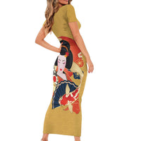 Japanese Geisha Koi Fish Short Sleeve Bodycon Dress Cherry Blossoms Yellow Seigaiha Pattern - Polynesian Pride