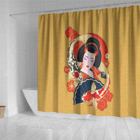 Japanese Geisha Koi Fish Shower Curtain Cherry Blossoms Yellow Seigaiha Pattern - Polynesian Pride