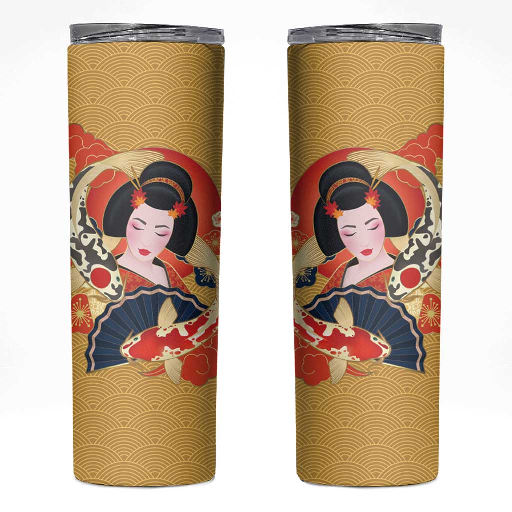 Japanese Geisha Koi Fish Skinny Tumbler Cherry Blossoms Yellow Seigaiha Pattern - Polynesian Pride