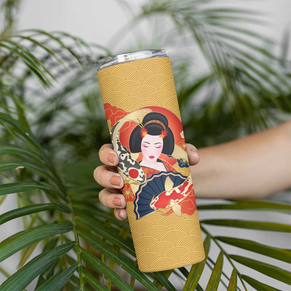Japanese Geisha Koi Fish Skinny Tumbler Cherry Blossoms Yellow Seigaiha Pattern - Polynesian Pride
