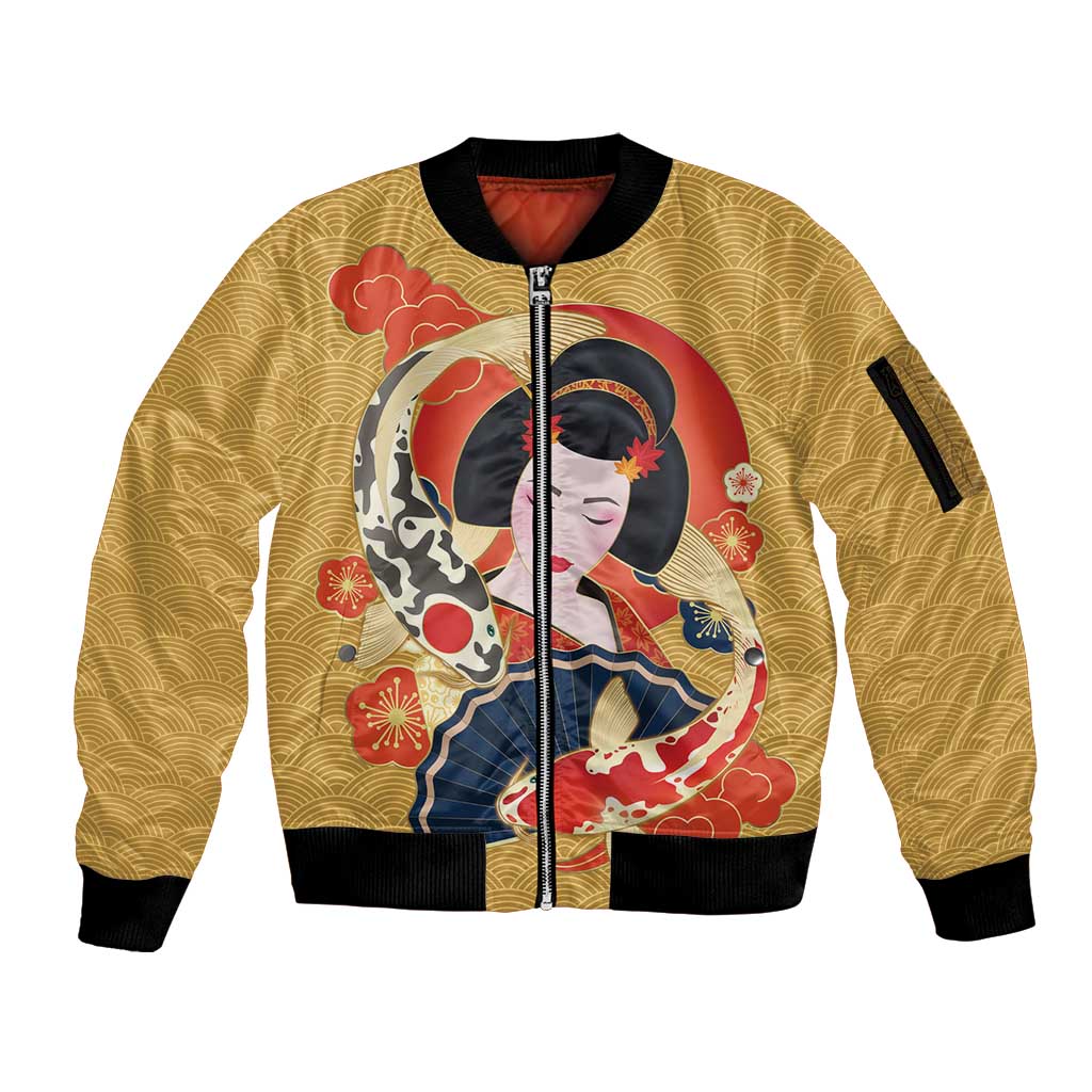 Japanese Geisha Koi Fish Sleeve Zip Bomber Jacket Cherry Blossoms Yellow Seigaiha Pattern - Polynesian Pride