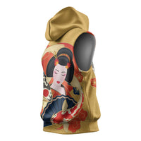 Japanese Geisha Koi Fish Sleeveless Hoodie Cherry Blossoms Yellow Seigaiha Pattern - Polynesian Pride