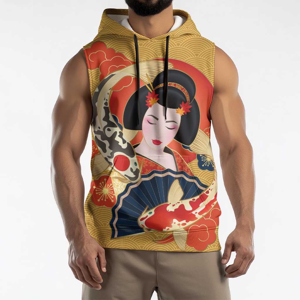 Japanese Geisha Koi Fish Sleeveless Hoodie Cherry Blossoms Yellow Seigaiha Pattern - Polynesian Pride