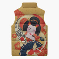 Japanese Geisha Koi Fish Sleeveless Puffer Jacket Cherry Blossoms Yellow Seigaiha Pattern - Polynesian Pride