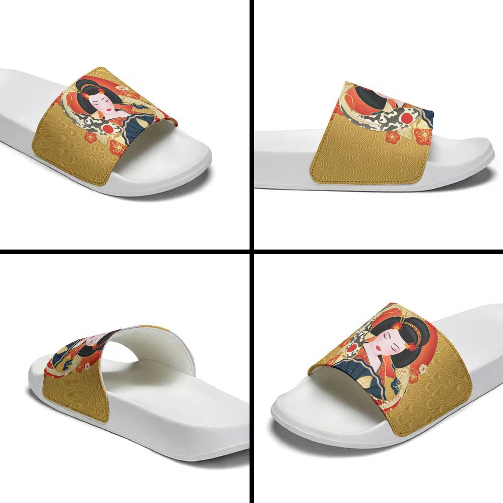 Japanese Geisha Koi Fish Slide Sandals Cherry Blossoms Yellow Seigaiha Pattern - Polynesian Pride