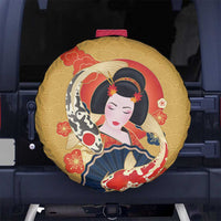 Japanese Geisha Koi Fish Spare Tire Cover Cherry Blossoms Yellow Seigaiha Pattern - Polynesian Pride